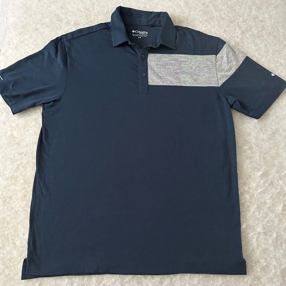 Columbia Men's Navy & Gray Short Sleeve Golf Shirt OmniWick 100% Polyester Large